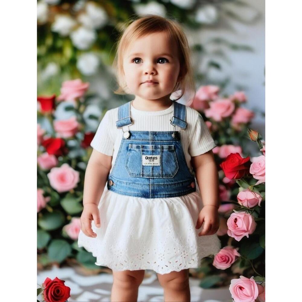 Baby Girl 9 mo Oshkosh Overall Dress Denim Top White Skirt  100% Cotton